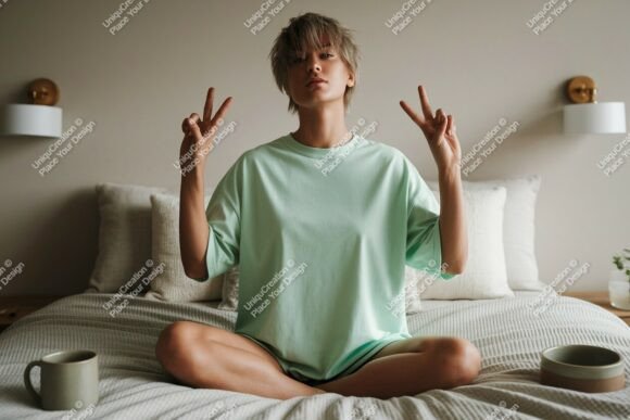 Download Young Woman Peace Sign Bedroom Mockup T- - Bedroom mockup Collection